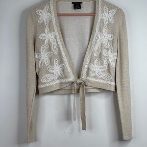 Vintage Y2K Embroidered Shrug Cardigan Sweater M Cropped Tie Front Cottage Fairy